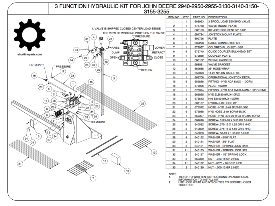 Parts list for Joystick Kit for John Deere Tractors
